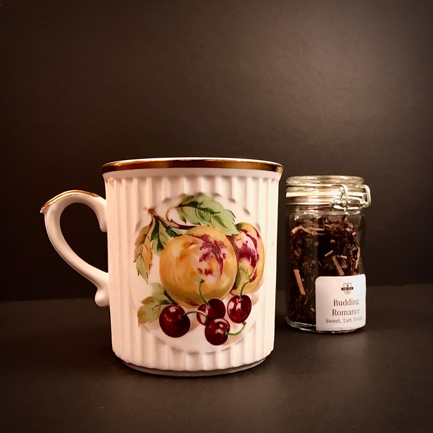 Vintage Czech Peaches & Cherries Teacup with Gold Accents