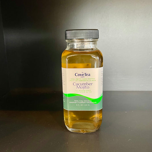 An 8-oz bottle of Cucumber Mojito Tea-Infused Artisan Syrup by the Cove Tea Company