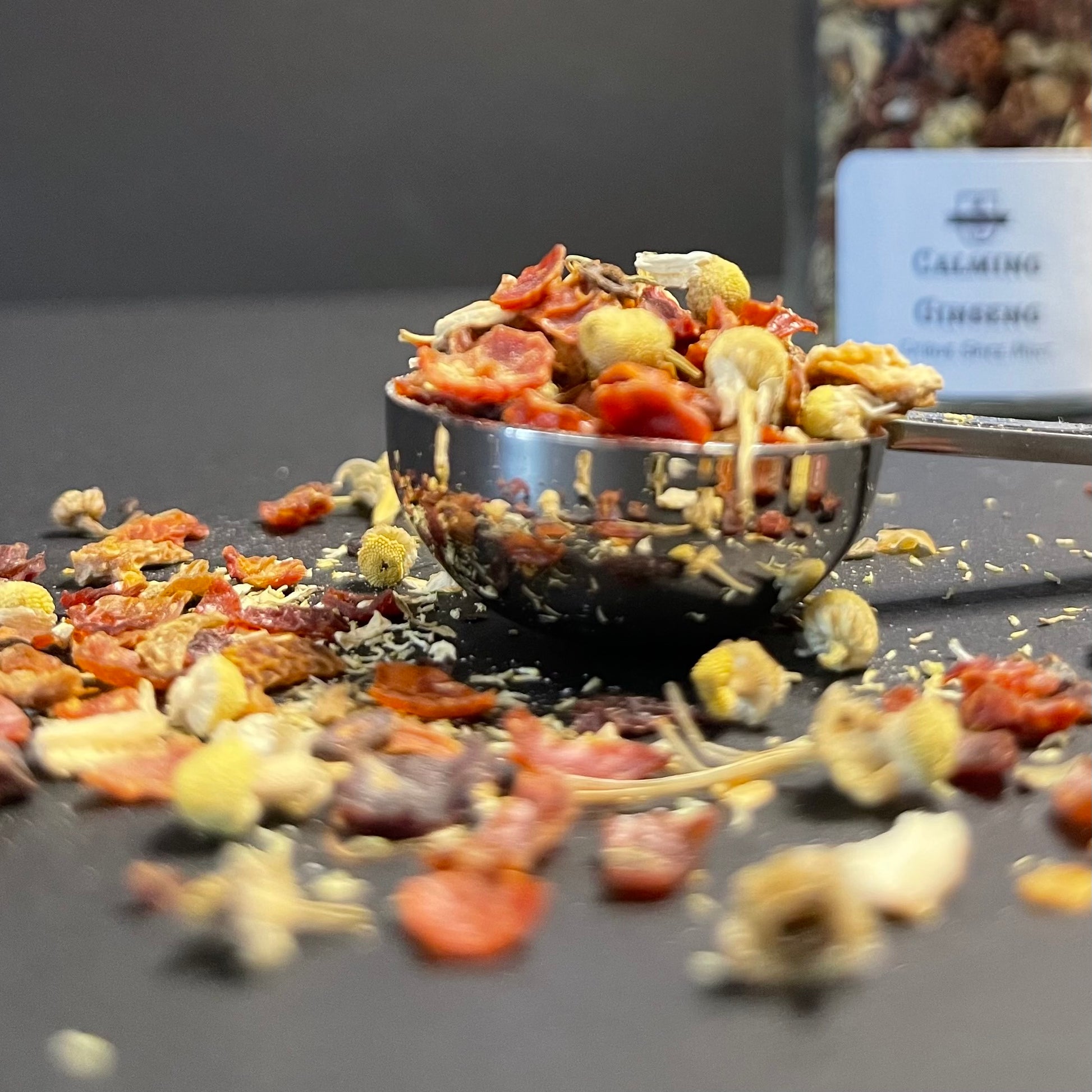 Calming Ginseng | Luxury Loose Leaf Tisane | Chamomile, Rosebuds, Mint, Orange Peel | The Cove Tea Company